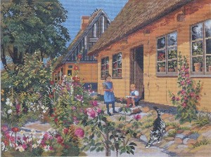 Eva Rosenstand 12-758 Цветущий деревенский дворик, дети и кот