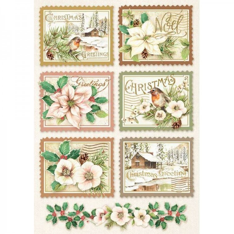Stamperia DFSA4342 Бумага рисовая мини-формат "Зимняя ботаника. Почтовые марки"