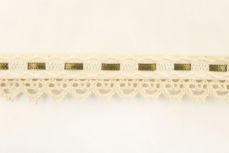 Matsa 13021/18 Тесьма декоративная, ширина 20 мм, бежевая с кружевом и атласной оливковой лентой