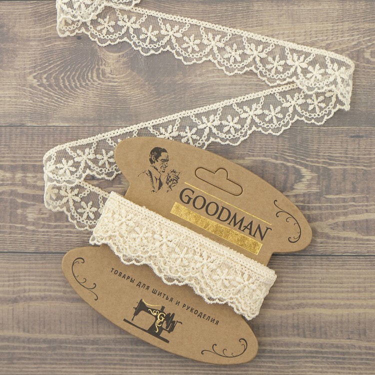 Goodman T-1910.371 Кружево-вышивка на тюле, ширина 28 мм, цвет бежевый, 3.5 м