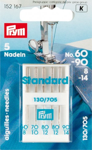 Prym 152167 Иглы для швейных машин 130/705 Н с плоской колбой №60-90