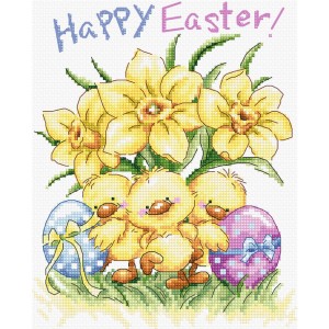 LetiStitch L8059 Three Chicks with Daffodils and Egg