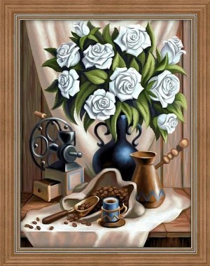 Алмазная живопись АЖ-1657 Белые розы и черный кофе