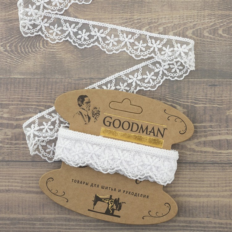 Goodman T-1910.212 Кружево-вышивка на тюле, ширина 28 мм, цвет белый, 3.5 м